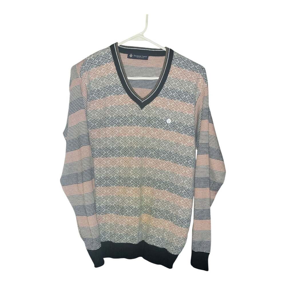 Diamond Touch Winter Wear Vintage Striped Diamond Pattern V-Neck Sweater